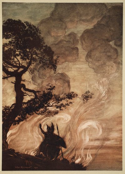Terwijl hij langzaam weggaat, draait Wotan zich om en kijkt verdrietig terug naar Brunnhilde, illustratie uit 
